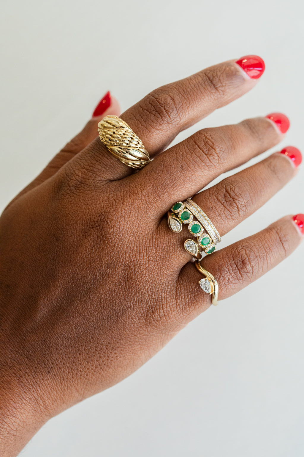 14K Gold Diamond 5 Stone Emerald Ring