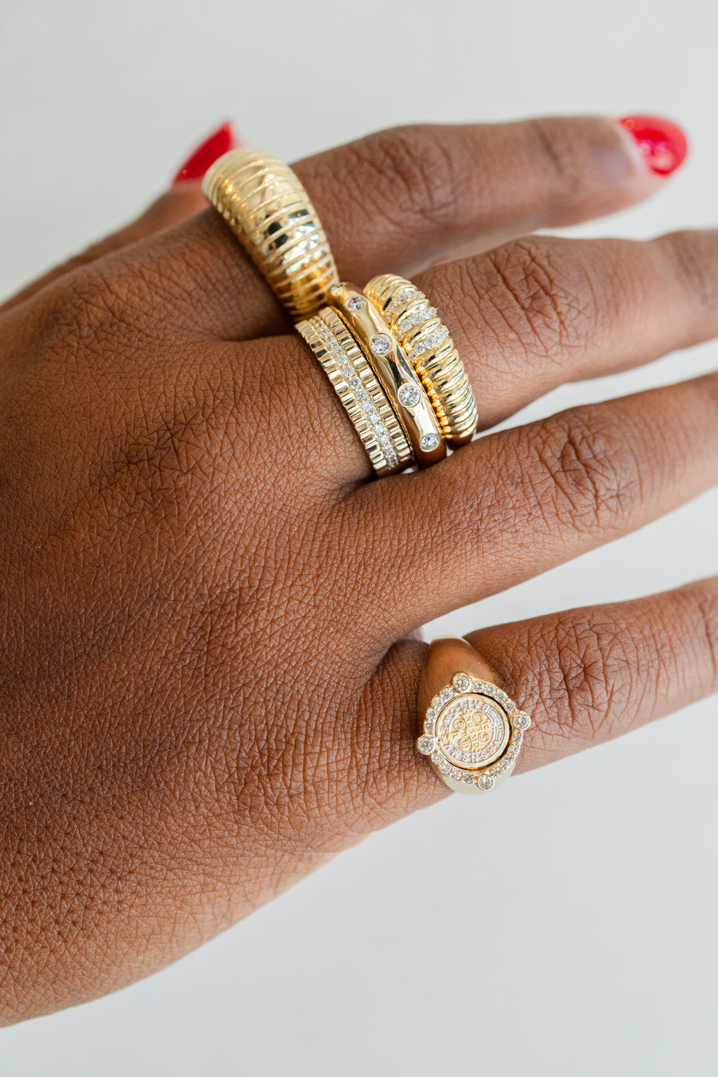 14K Gold Fluted 3 Row Diamond Dome Ring