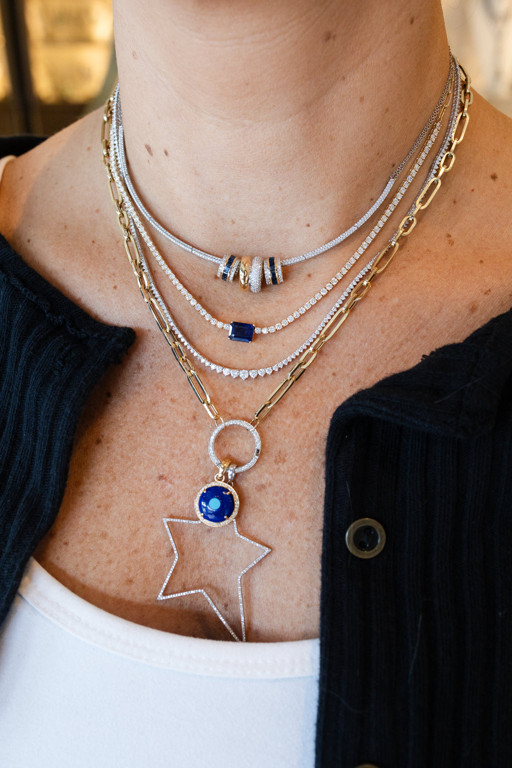14K Gold 2.6ct Sapphire 2.55ct Diamond Tennis Necklace