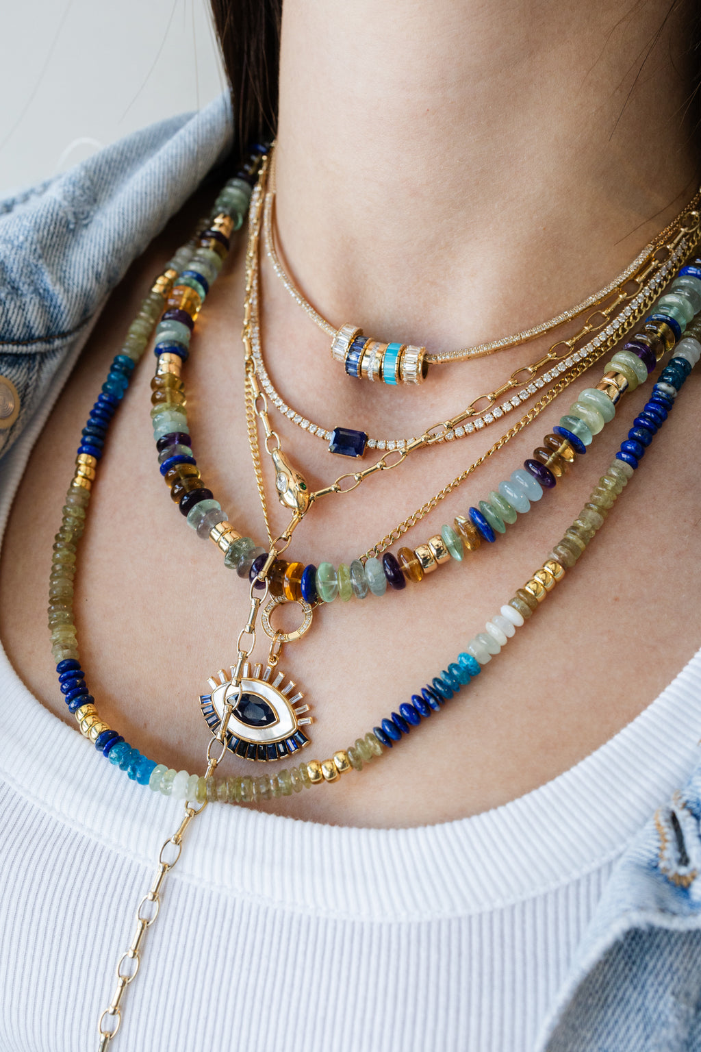 20" Multi Agate Lapis Mix Triple Rondelle Necklace