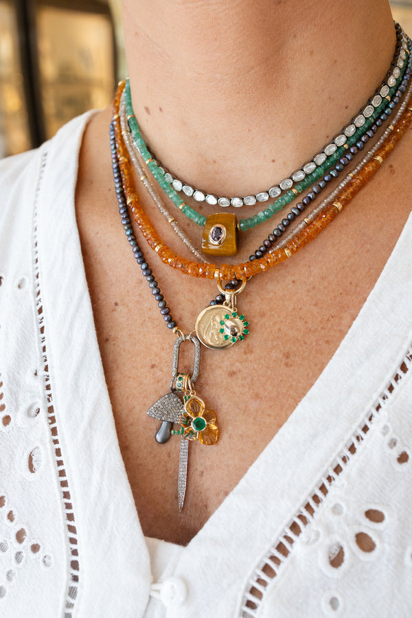 Small 14K Gold Emerald Framed Shiny Disk Charm