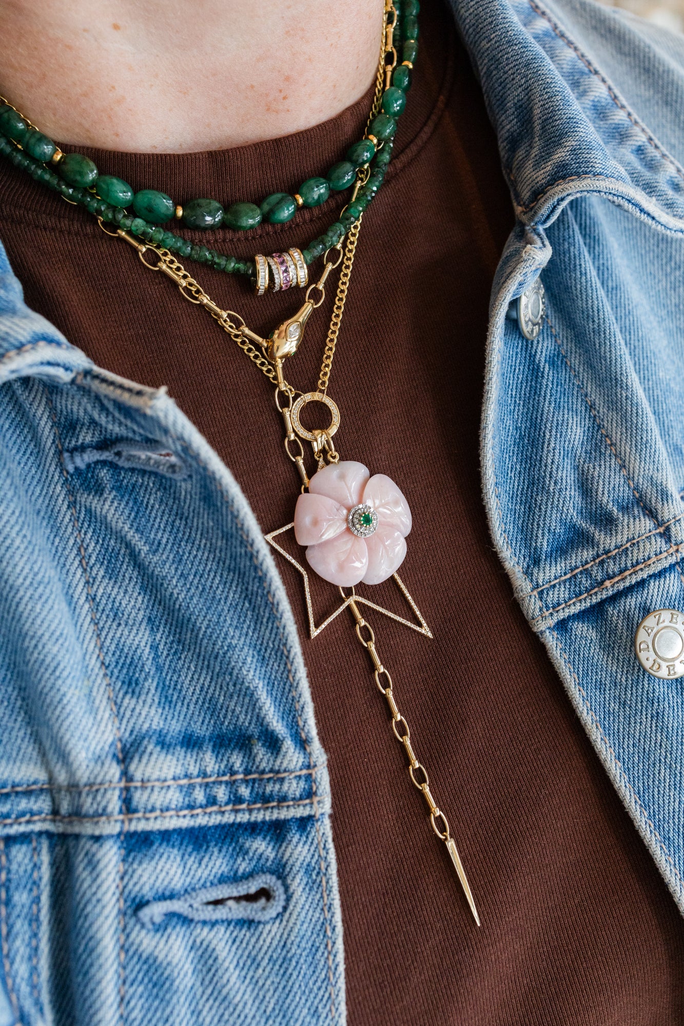 14K Gold Carved Pink Opal Emerald Flower Charm