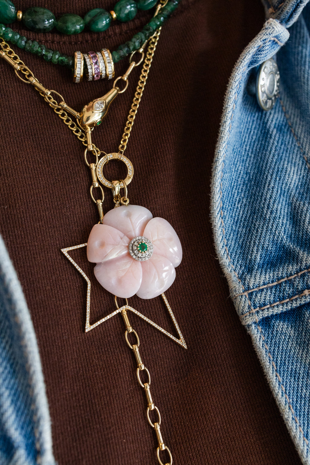 14K Gold Carved Pink Opal Emerald Flower Charm