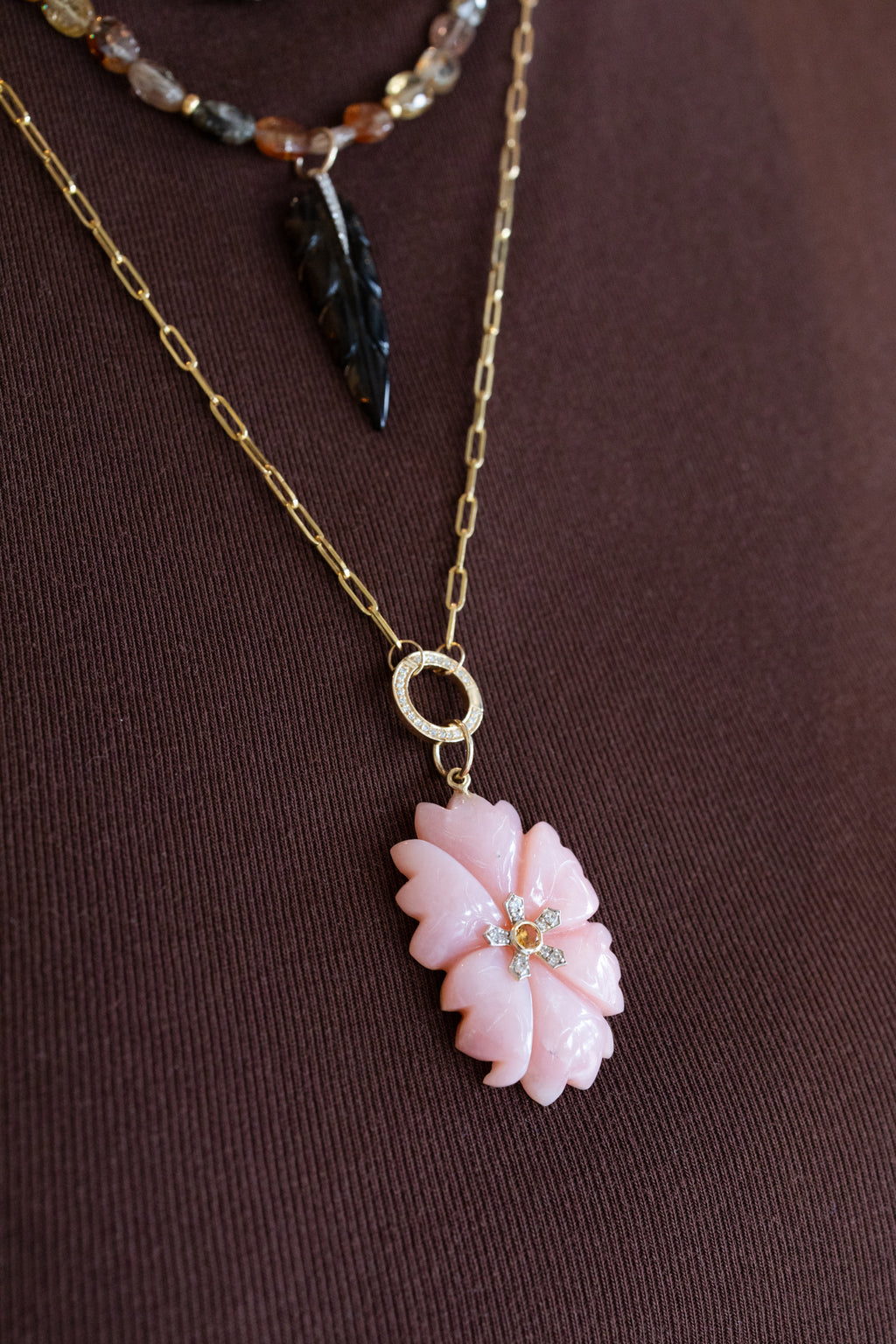 14K Gold Carved Pink Opal Citrine Flower Charm