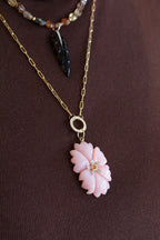 14K Gold Carved Pink Opal Citrine Flower Charm
