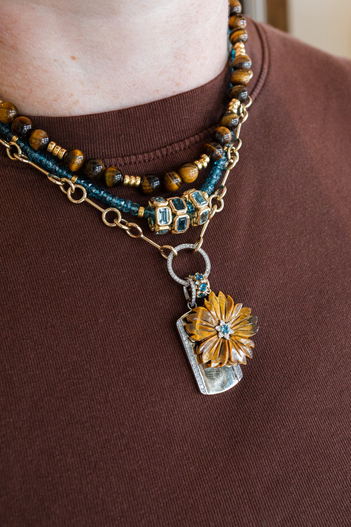 14K Gold Carved Tiger's Eye Topaz Flower Charm