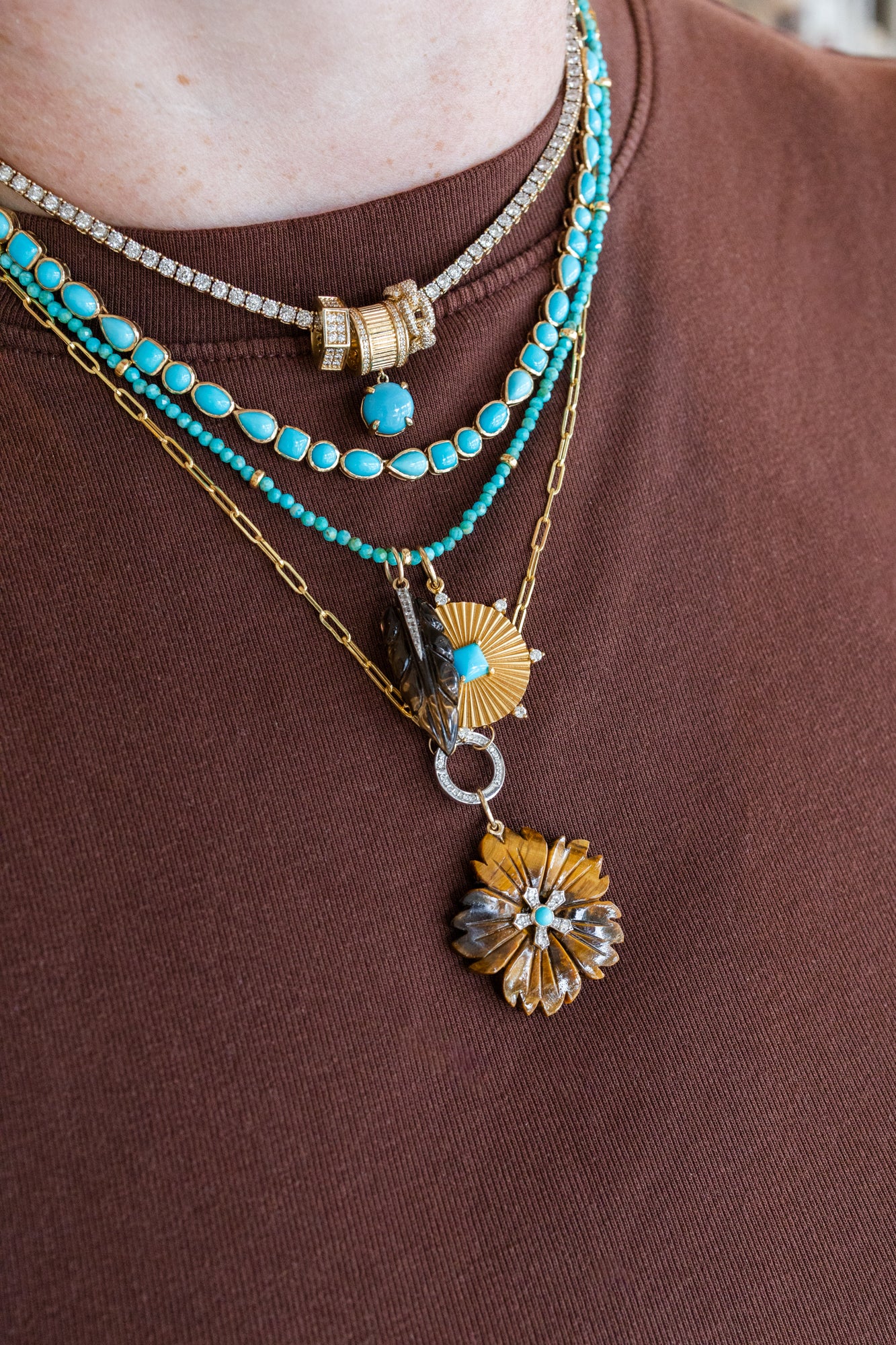 14K Gold Carved Tiger's Eye Turquoise Flower Charm