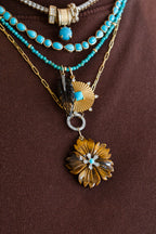 14K Gold Carved Tiger's Eye Turquoise Flower Charm
