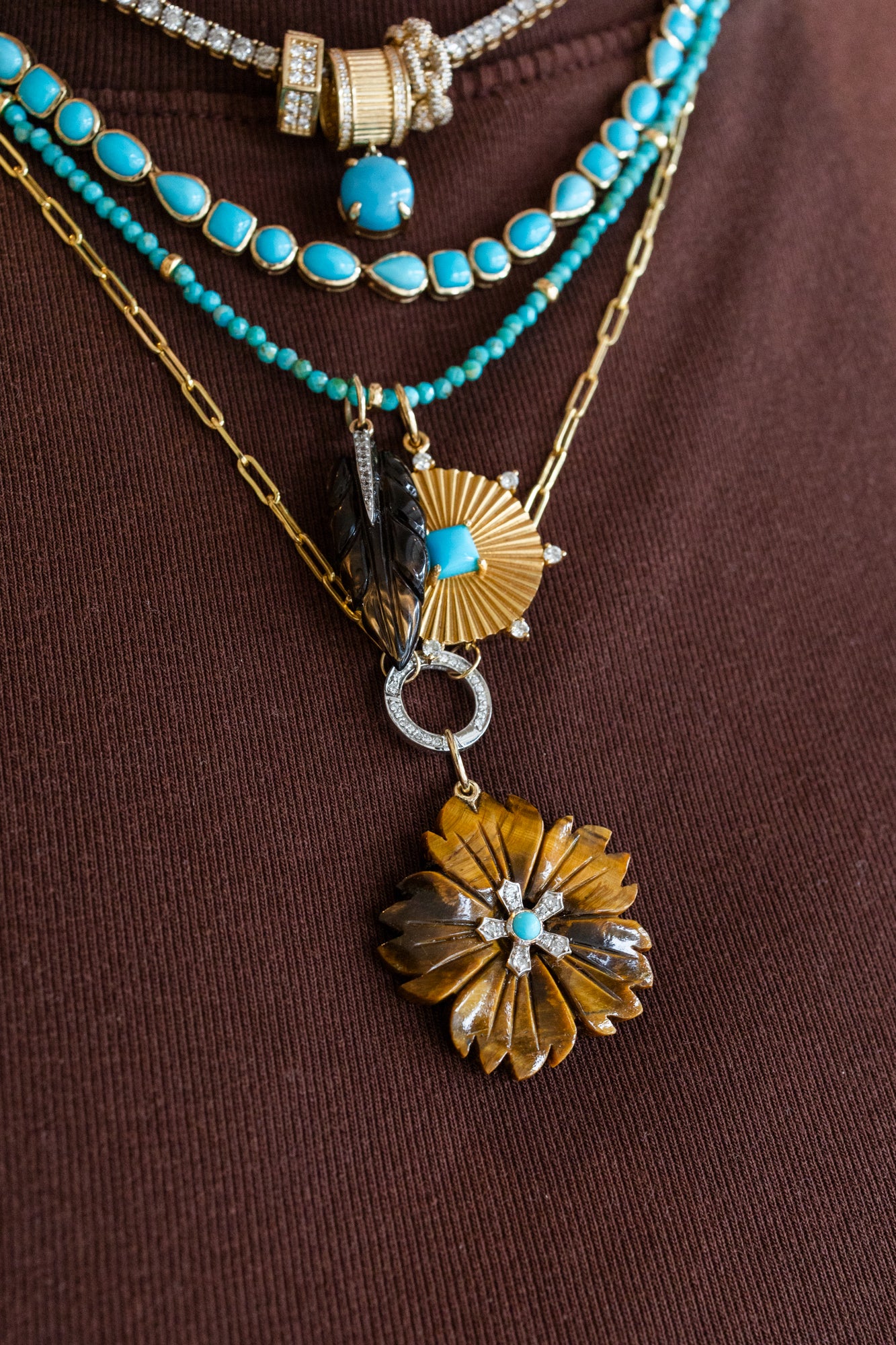 14K Gold Carved Tiger's Eye Turquoise Flower Charm