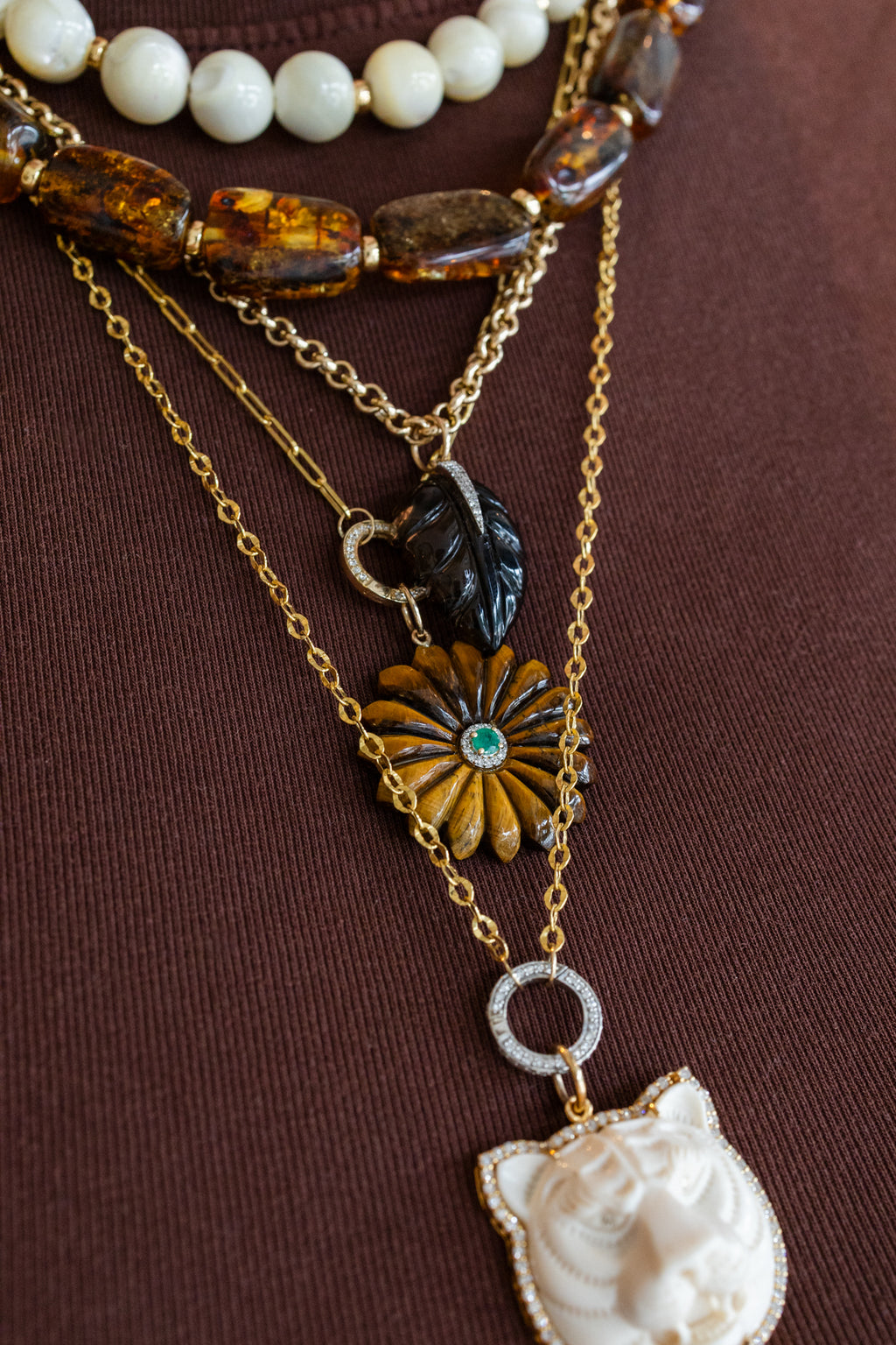14K Gold Carved Tiger's Eye Emerald Flower Charm