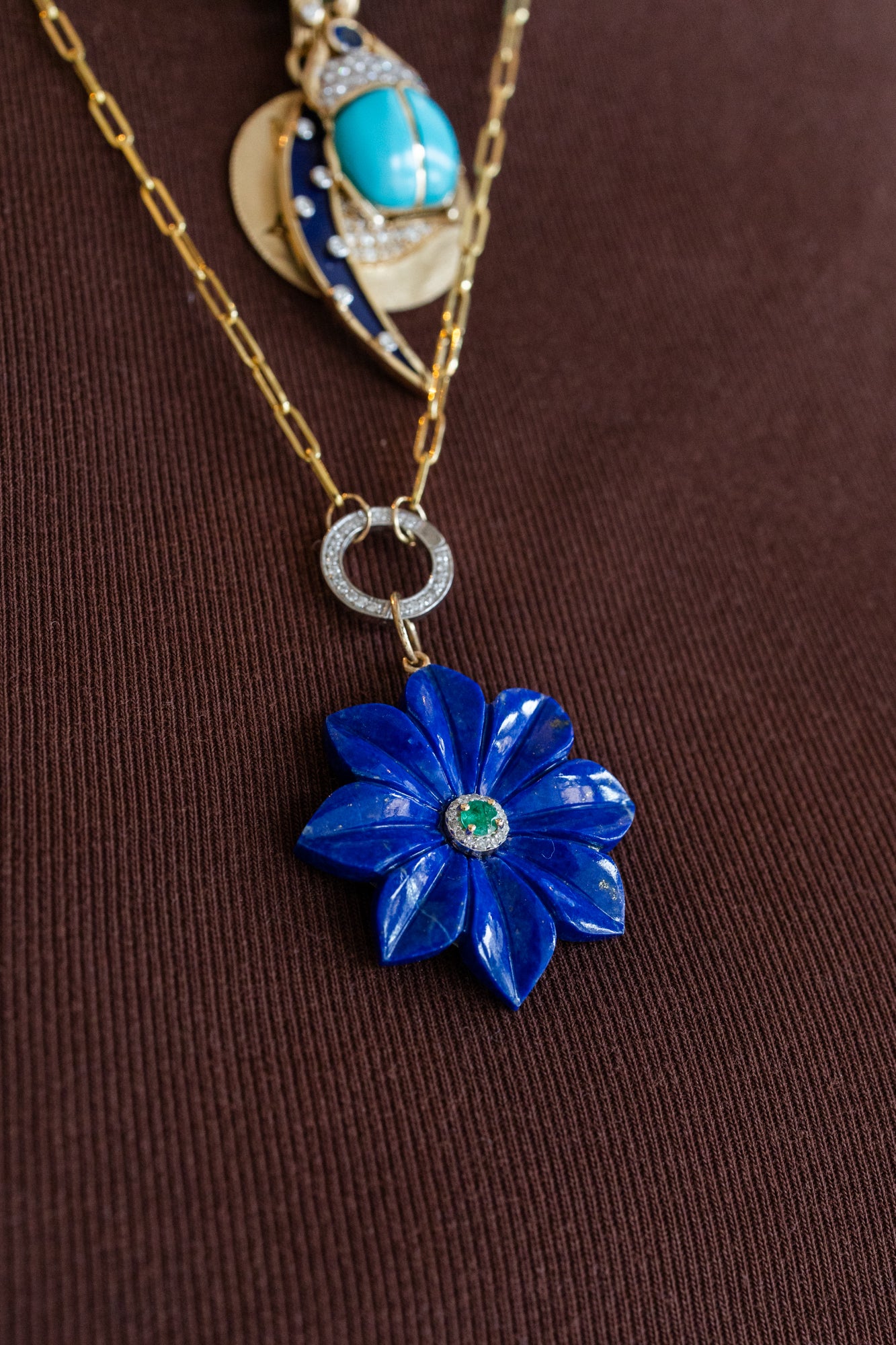 14K Gold Carved Lapis Emerald Flower Charm