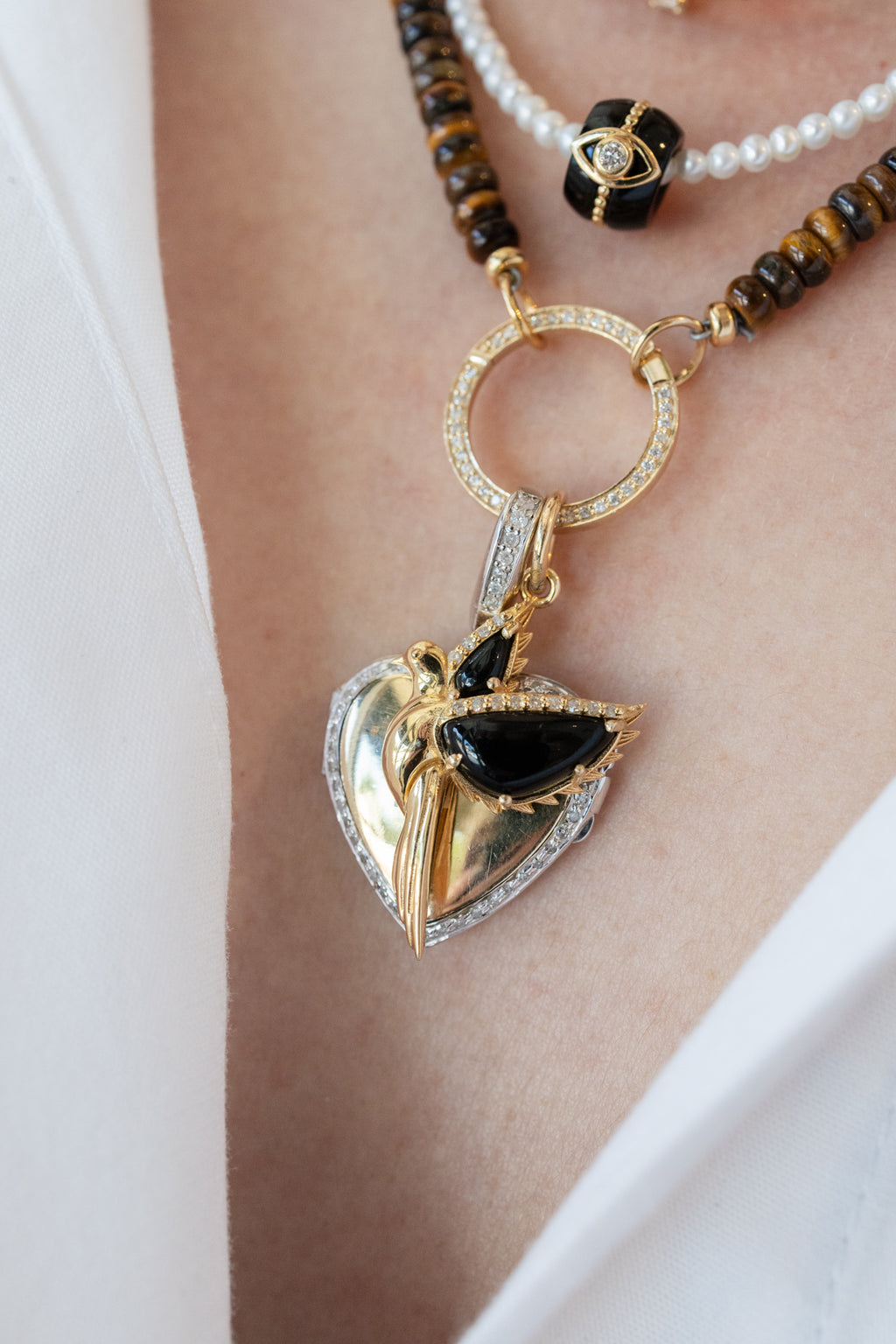 14K Gold Diamond Onyx Dove Pendant