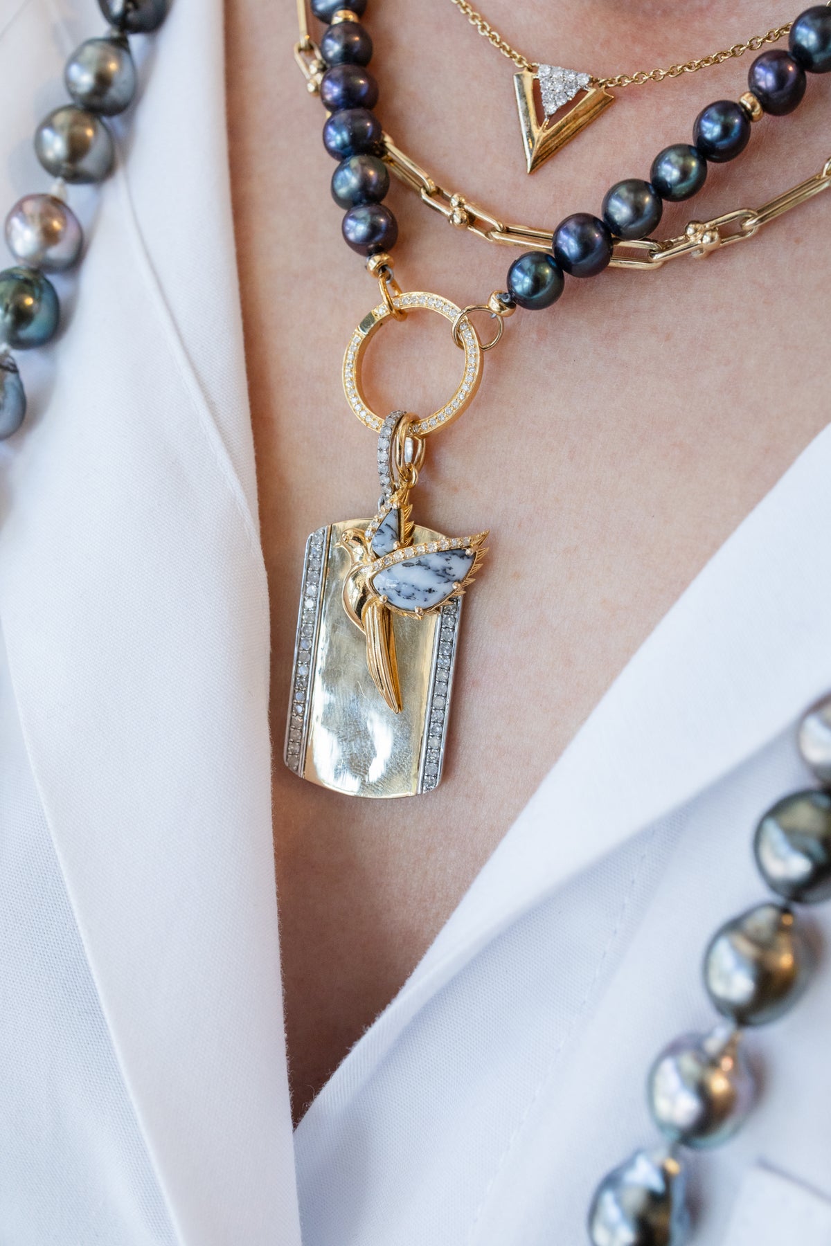 14K Gold Diamond Agate Dove Pendant