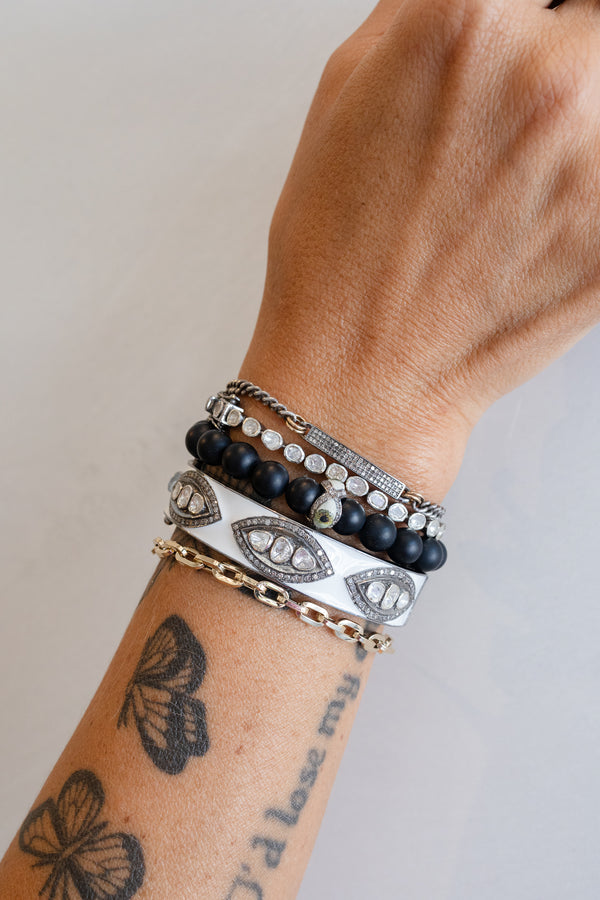 Silver Diamond Cosmic Eye Matte Onyx Stretchy Bracelet