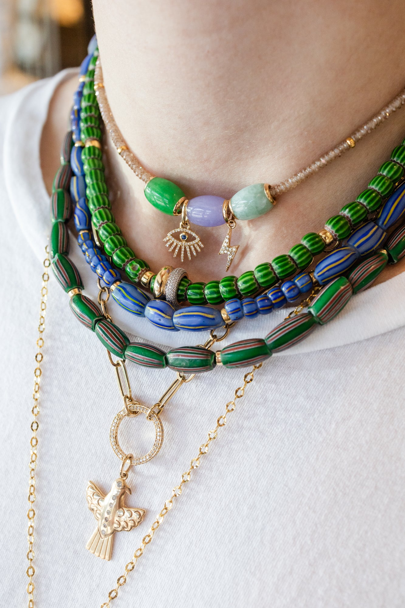 Green Watermelon Chevron African Glass Bead Necklace