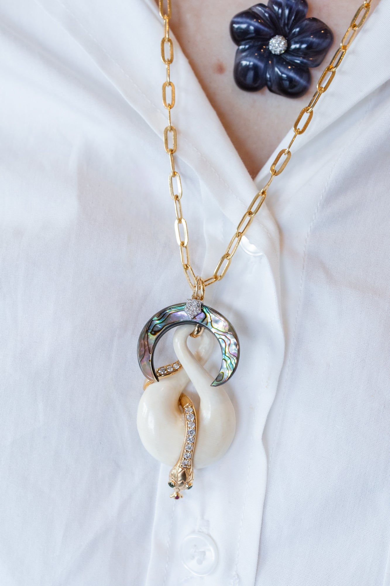 14K Gold Diamond Abalone Crescent Horn Charm