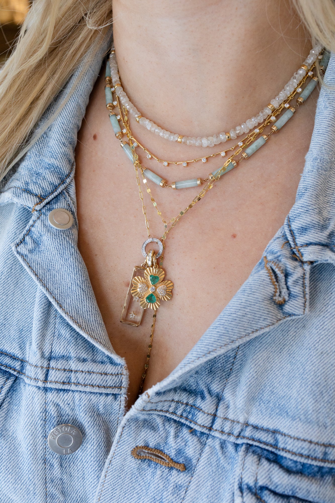 16" 14K Gold Light Green Jade Tube Necklace
