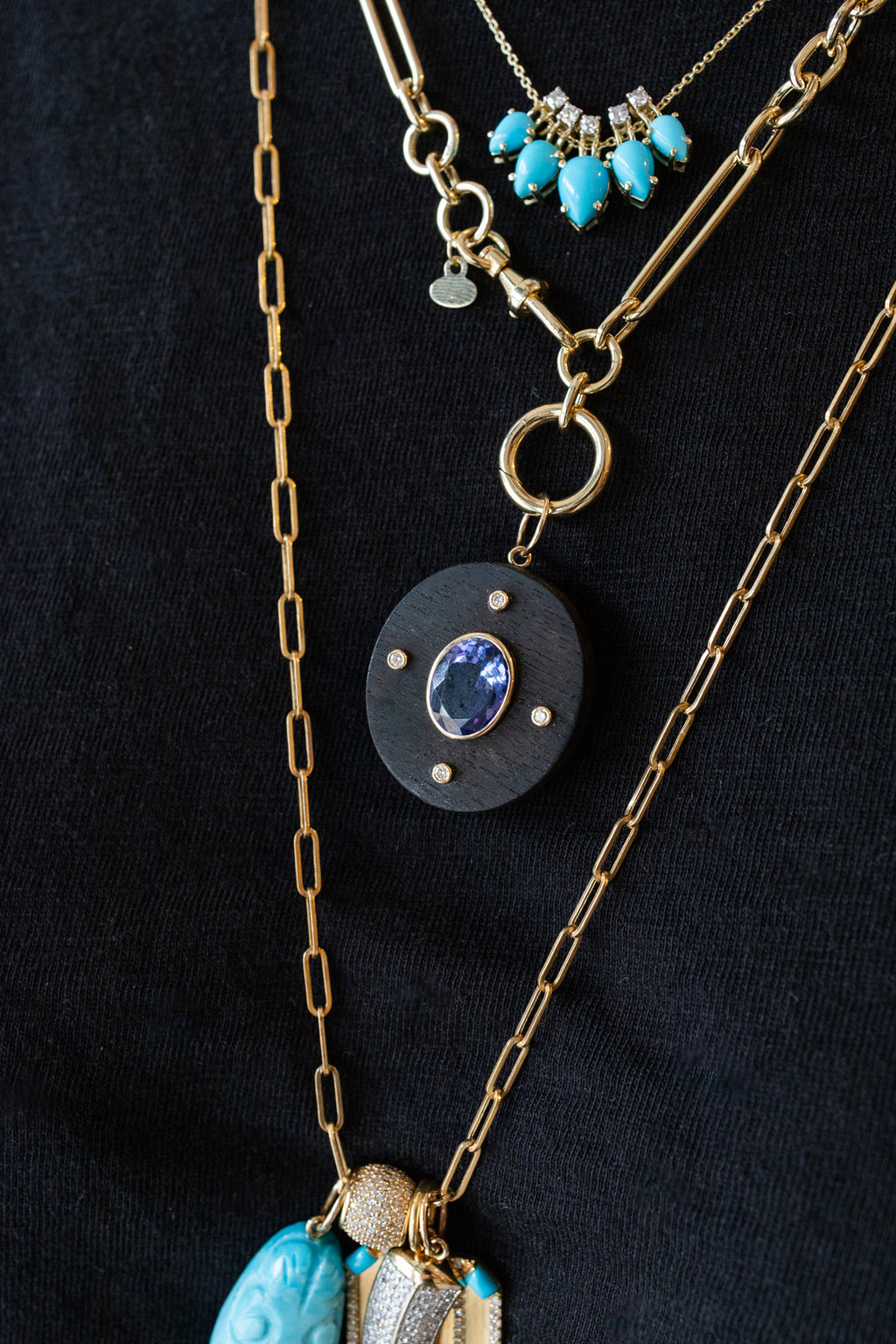 14K Gold Diamond Tanzanite Wood Charm