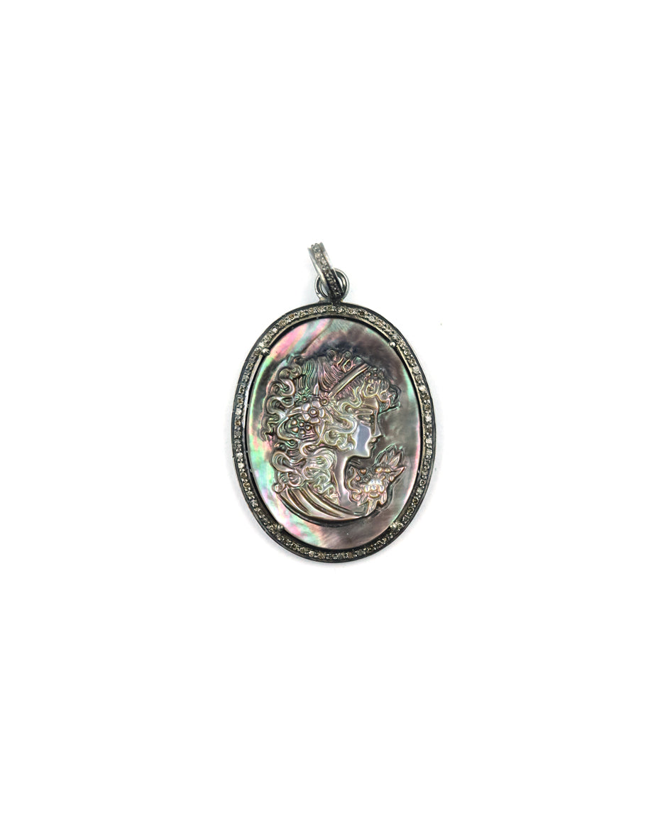 Large Silver Abalone Cameo Diamond Charm