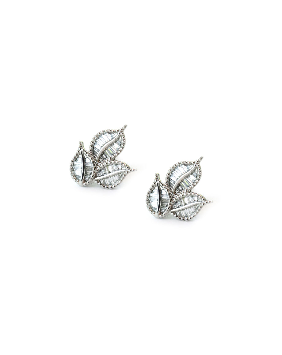 14K White Gold Diamond Trio Leaf Studs