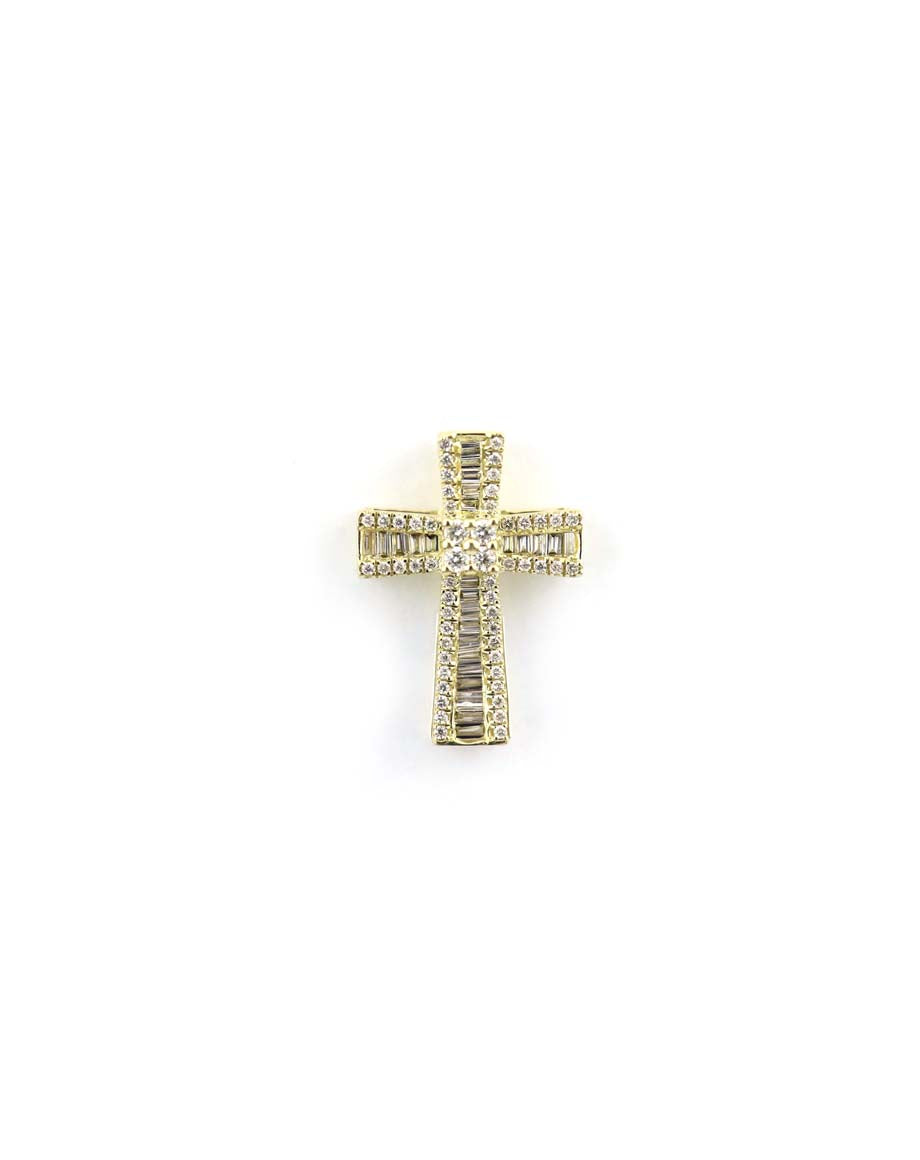 14K Yellow Gold Baguette Diamond Cross Slide On Charm