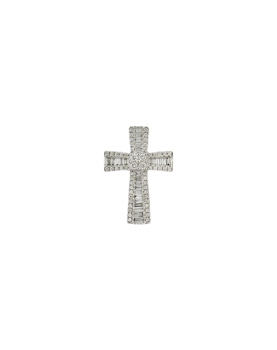 14K White Gold Baguette Diamond Cross Slide On Charm