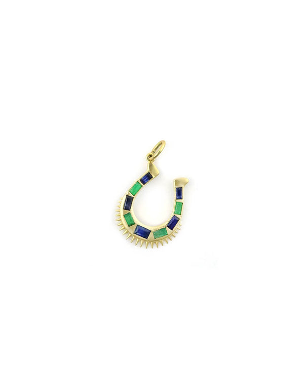14K Gold Spiked Baguette Emerald & Blue Sapphire Horseshoe Charm