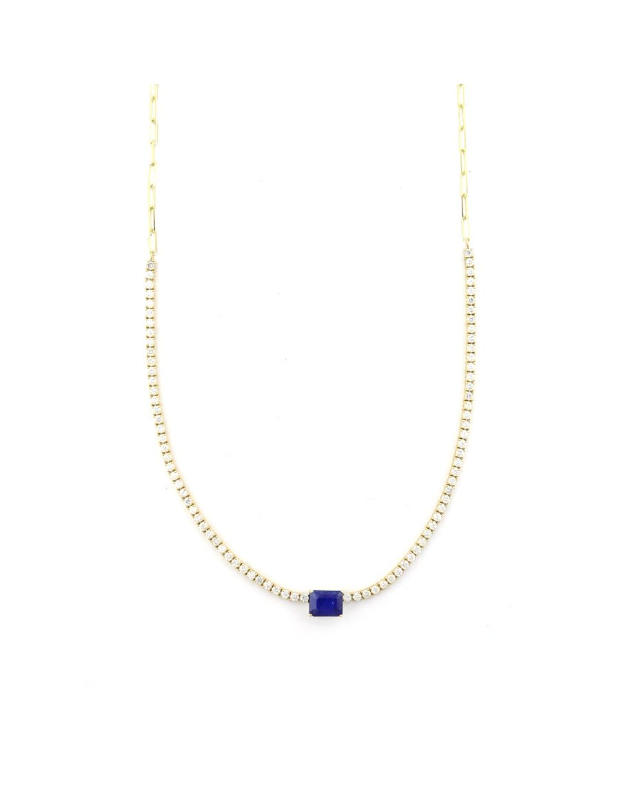14K Gold 2.6ct Sapphire 2.55ct Diamond Tennis Necklace