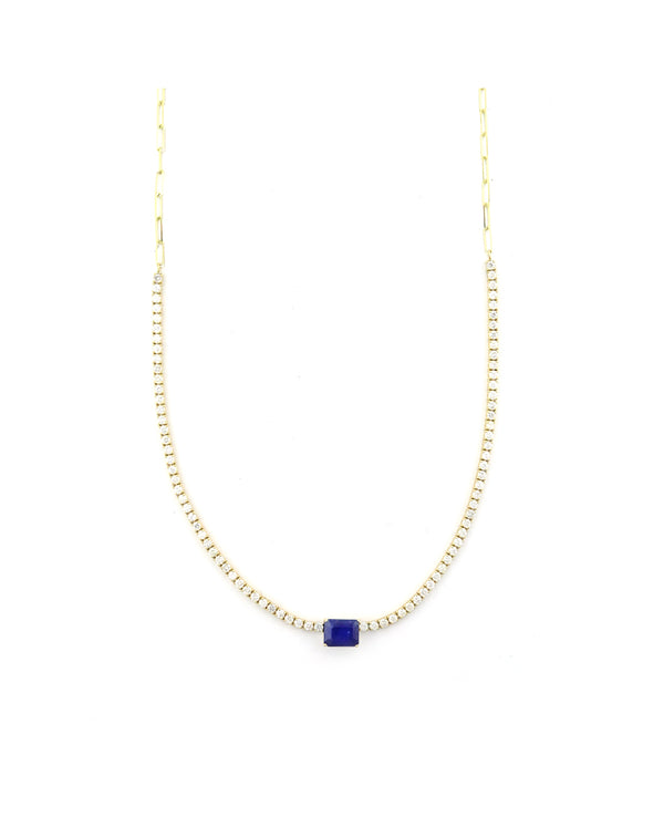 14K Gold 2.6ct Sapphire 2.55ct Diamond Tennis Necklace