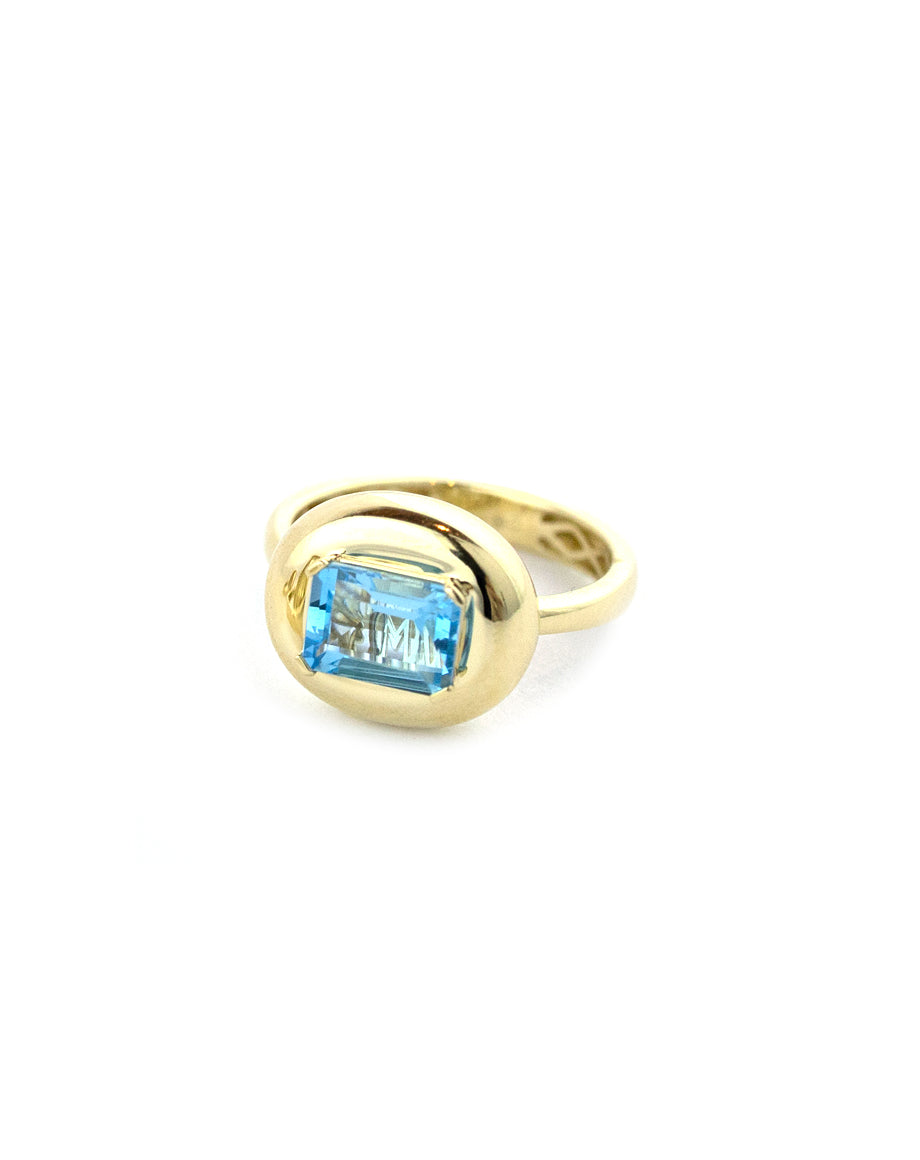 14K Gold Puffy Dome Blue Topaz Ring