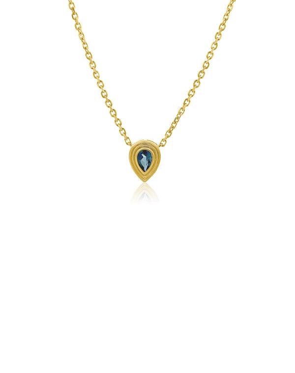 14K Gold Ridged Bezel Blue Topaz Teardrop Necklace