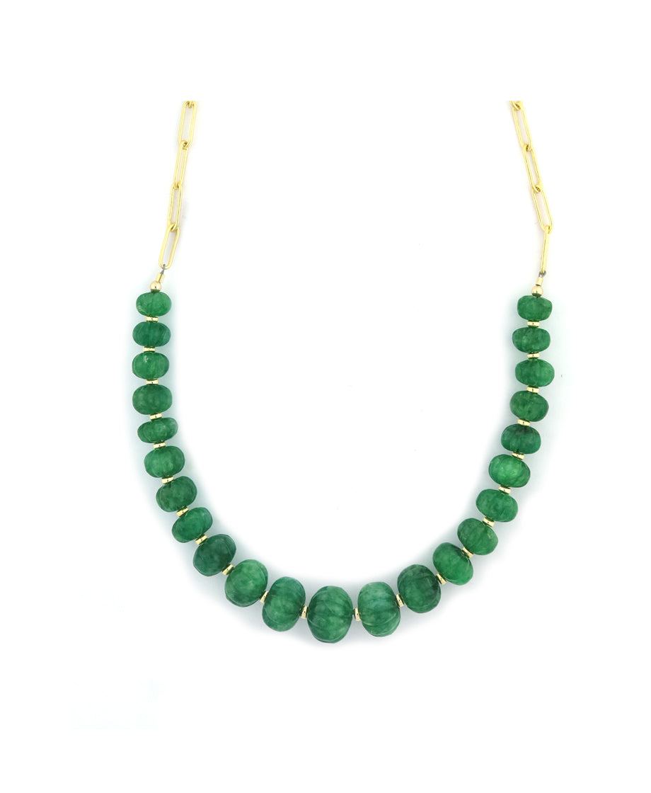 Carved Pumpkin Emerald Gold Paper Clip Necklace