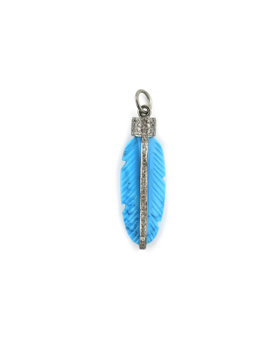 Silver Diamond Carved Turquoise Feather Charm
