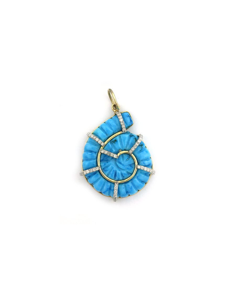 14K Gold Diamond Turquoise Carved Shell Pendant