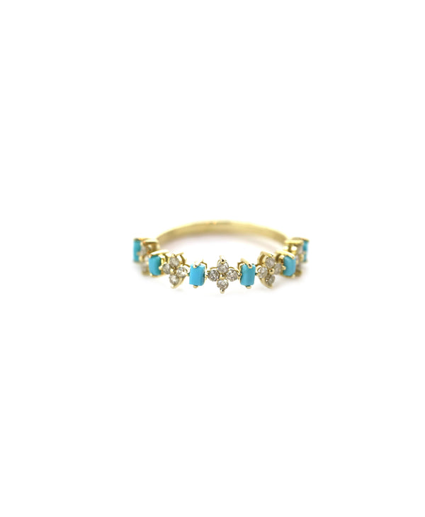 14K Gold Diamond Clover Turquoise Ring