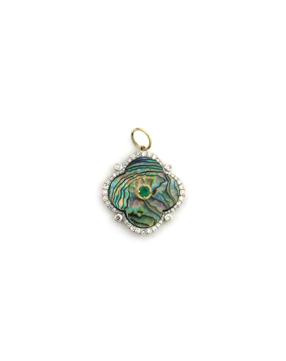 14K Gold Diamond & Emerald Clover Abalone Pendant