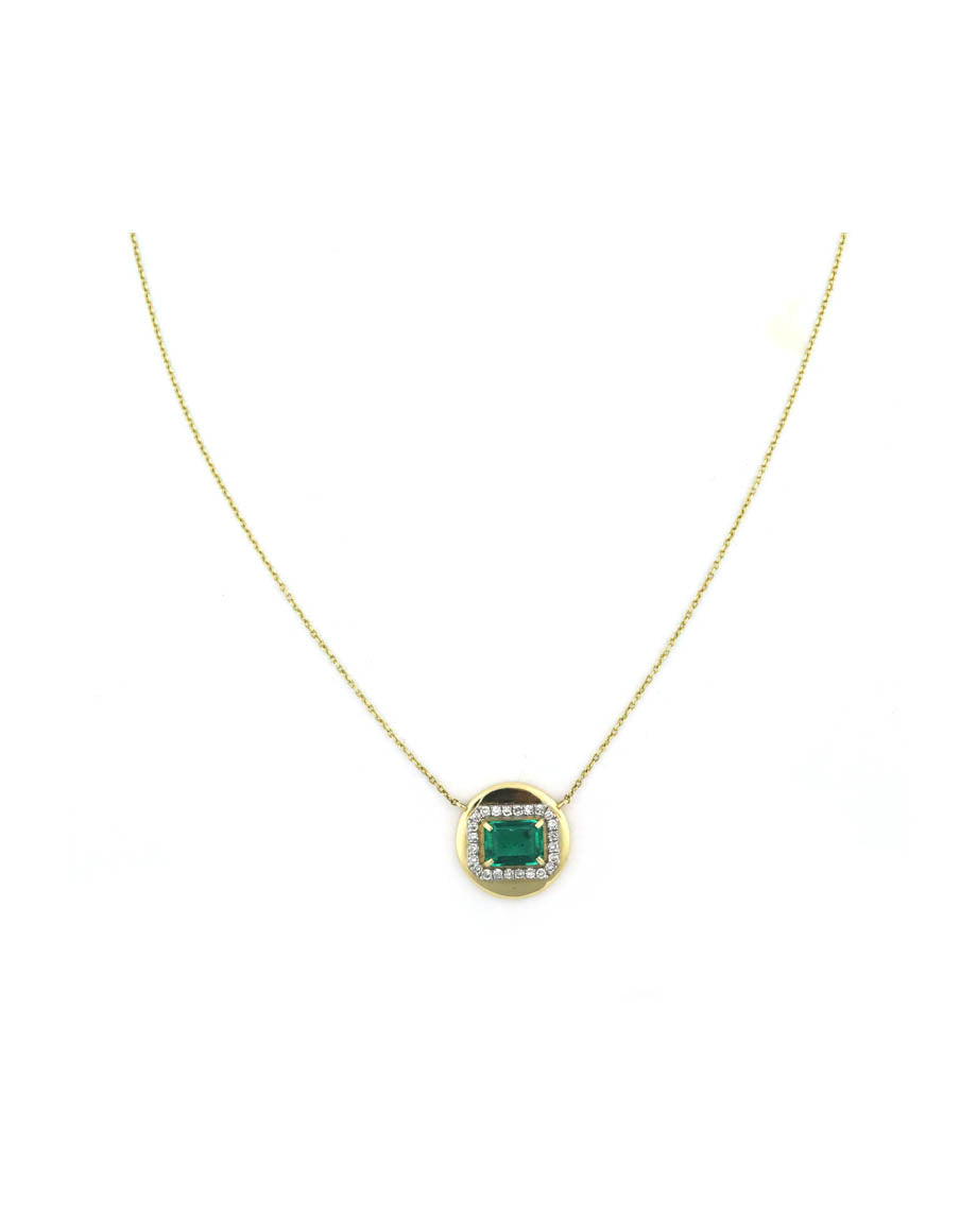 14K Gold Emerald Diamond Disk Necklace
