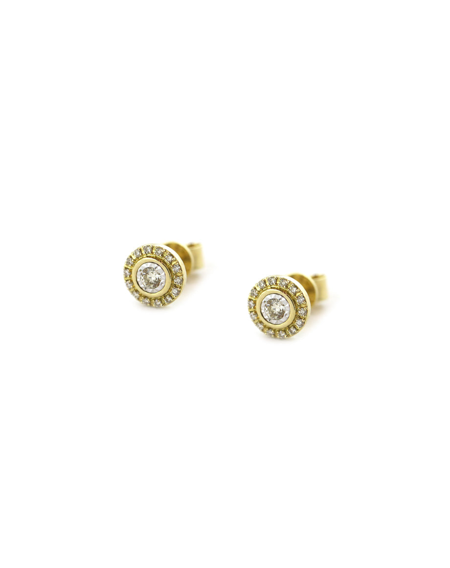 14K Gold Round & Pave Diamond Circle Studs