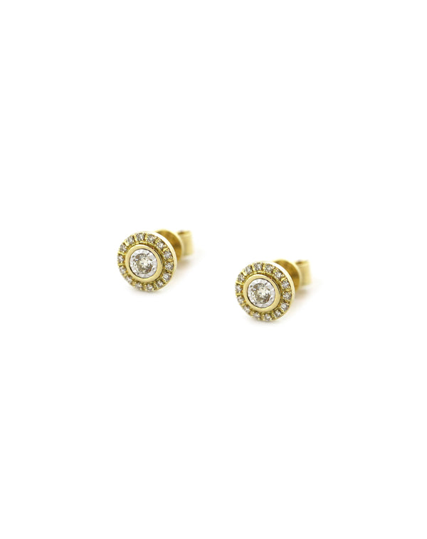 14K Gold Round & Pave Diamond Circle Studs