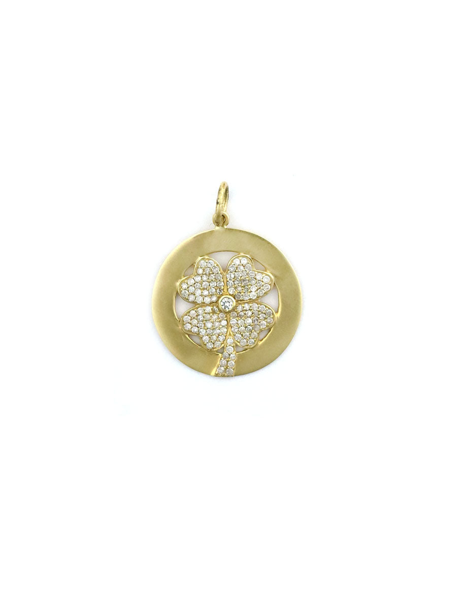 14K Gold Diamond Four Leaf Clover Disc Charm