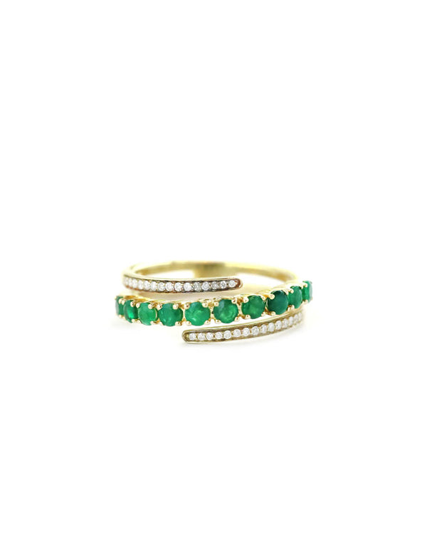 14K Gold Diamond Emerald Triple Wrap Ring