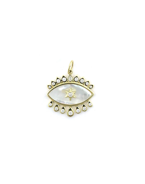 14K Gold Mother of Pearl Diamond Evil Eye Starburst Diamond Charm