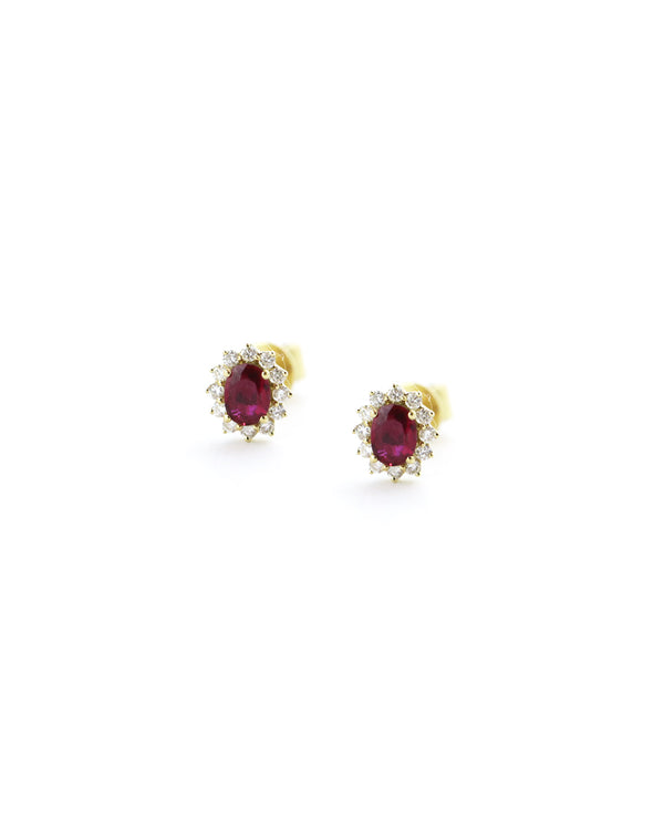 Mini 14K Gold Oval Ruby Diamond Flower Studs