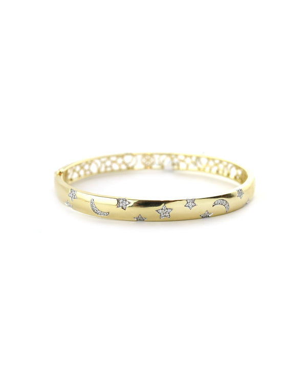 14K Gold Pave Diamond Star & Moon Bangle