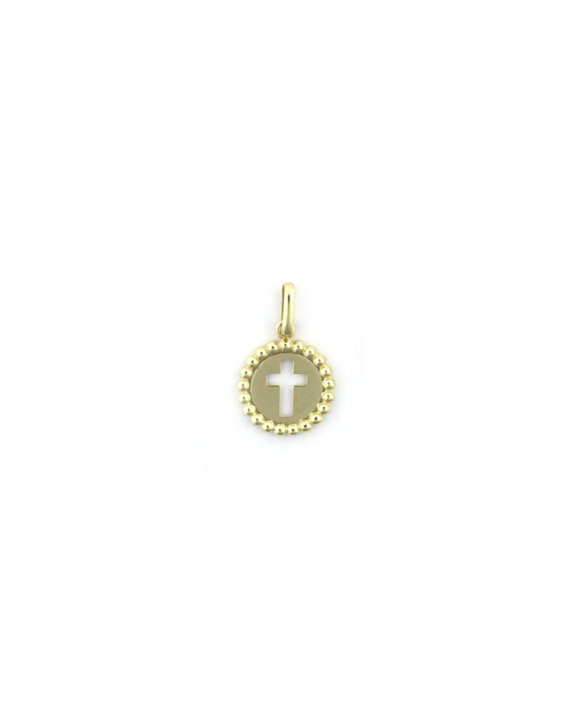 14K Gold Dotted Open Cross Coin Charm