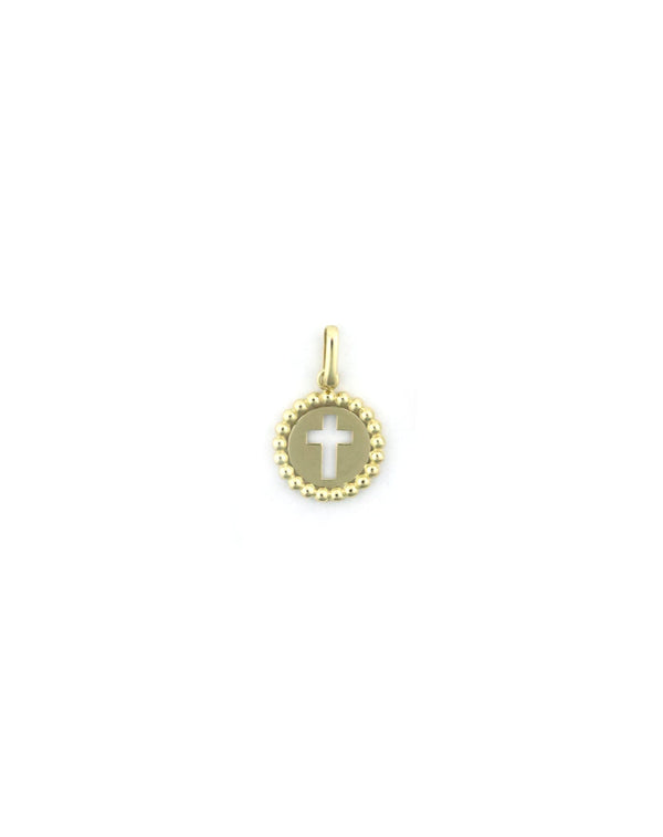 14K Gold Dotted Open Cross Coin Charm
