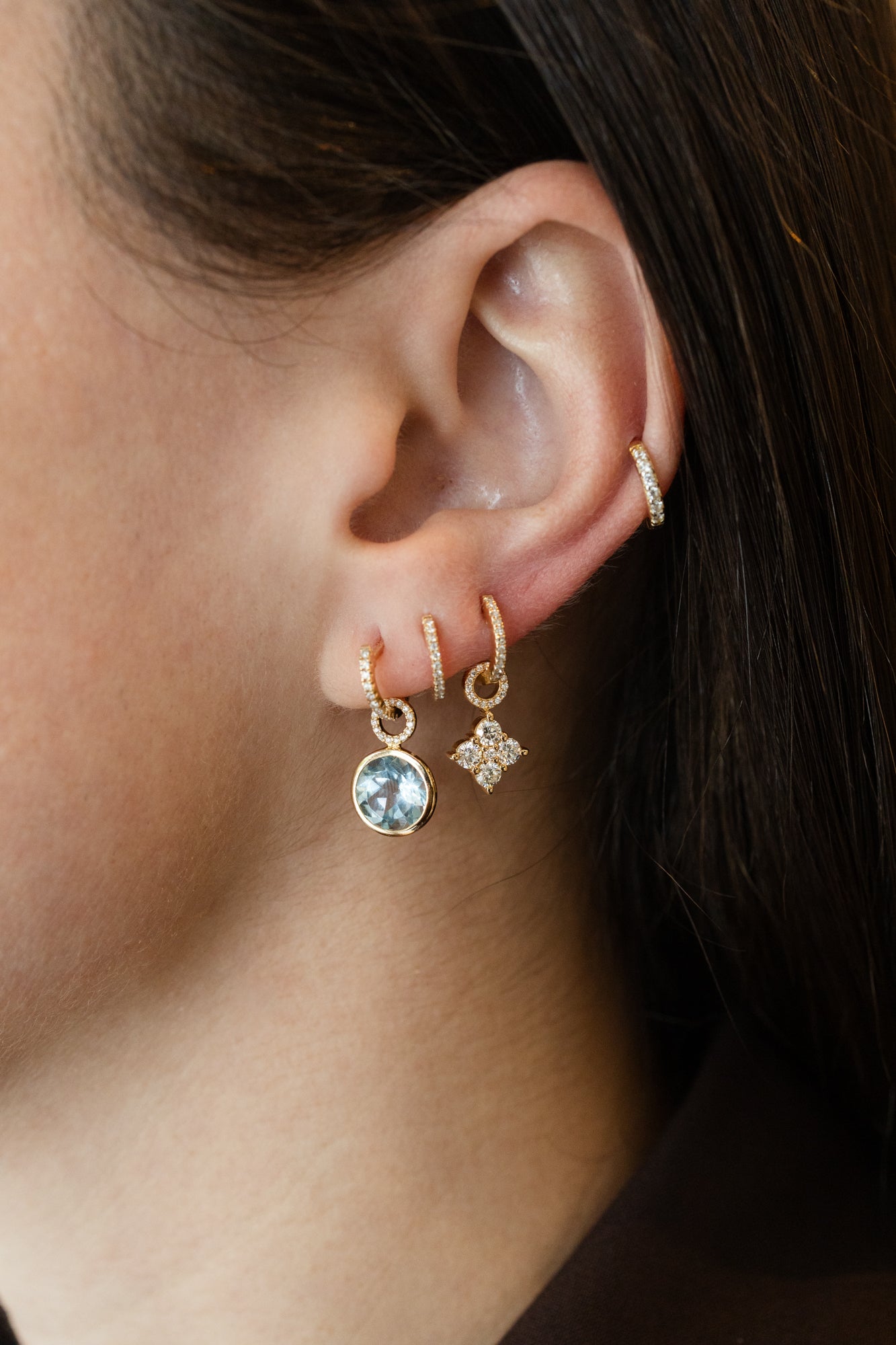 14K Gold Diamond Round Blue Topaz Earring Charm