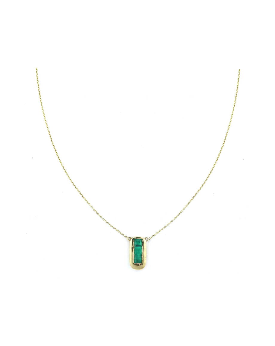 14K Gold 3 Baguette Emerald Vertical Bar Necklace
