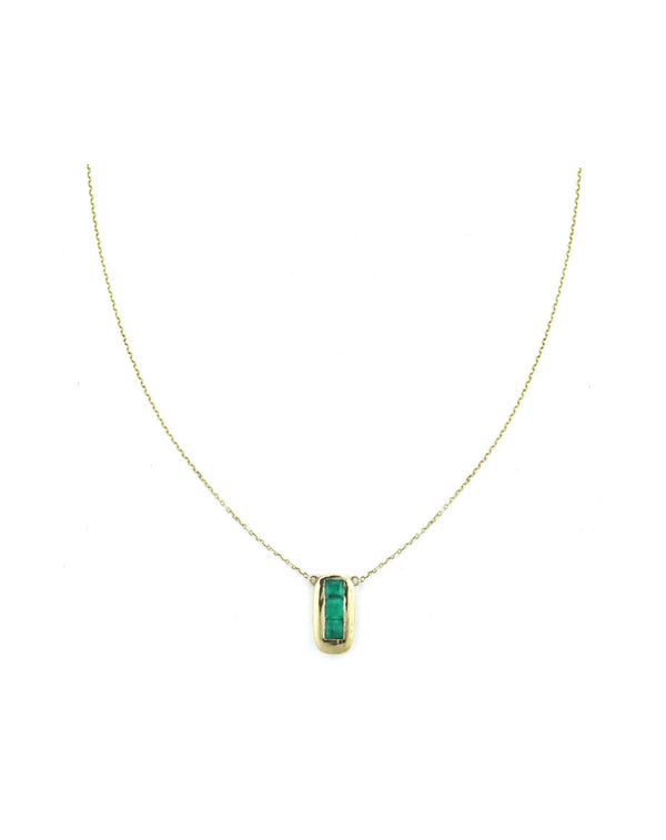 14K Gold 3 Baguette Emerald Vertical Bar Necklace