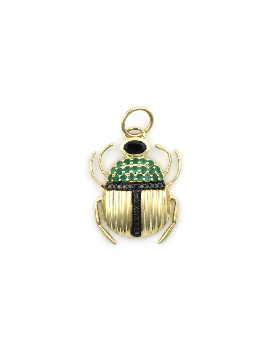 14K Gold Black Diamond Emerald Beetle Charm